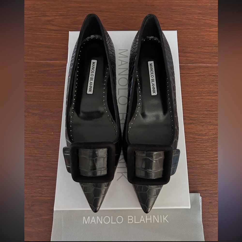 Manolo Blahnik Maysale Croc Leather Flats